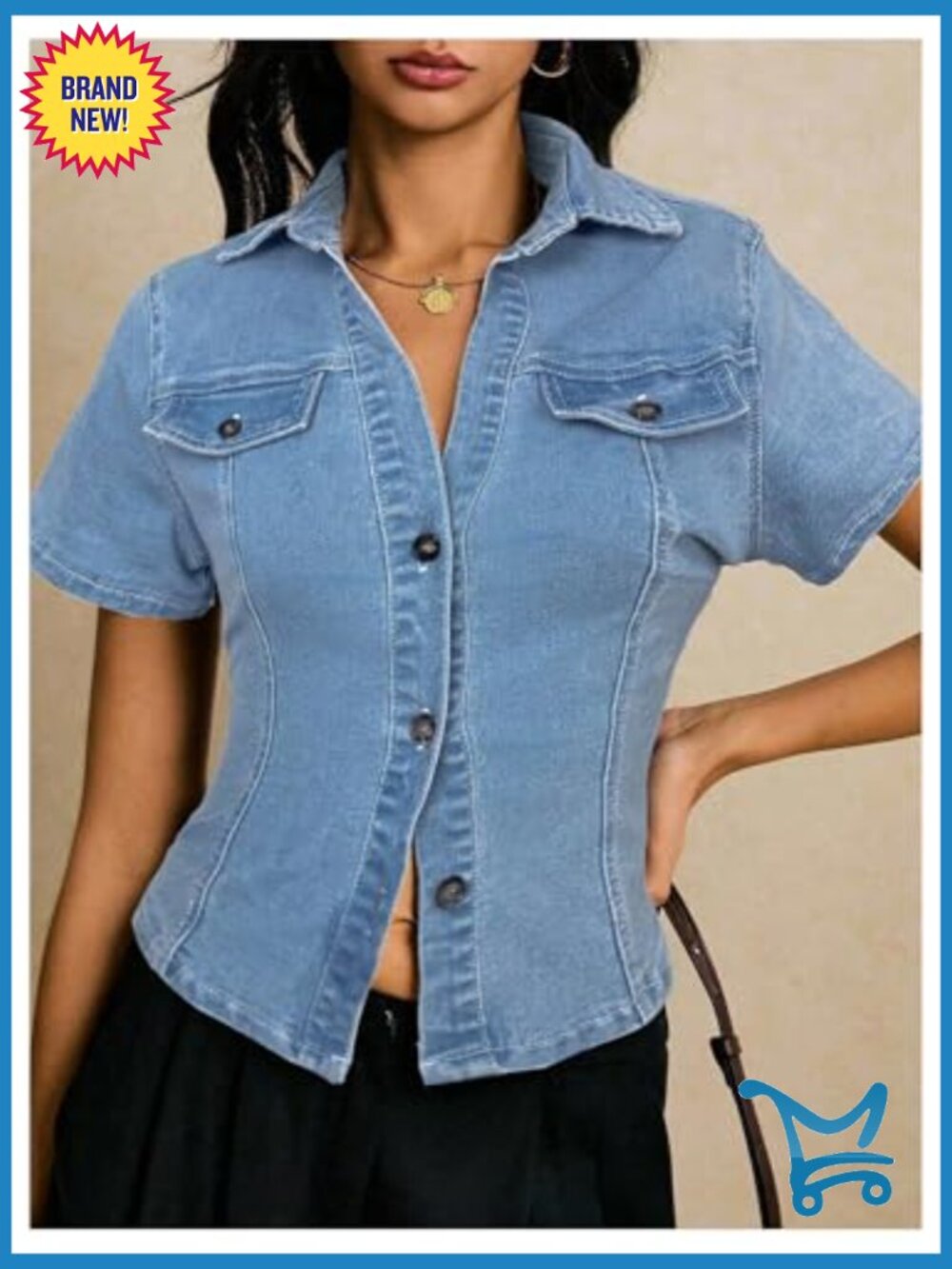 Short Sleeve Button Down Denim Jacket Y2K Fitted Jean Shirt Top - Picture 4 of 6